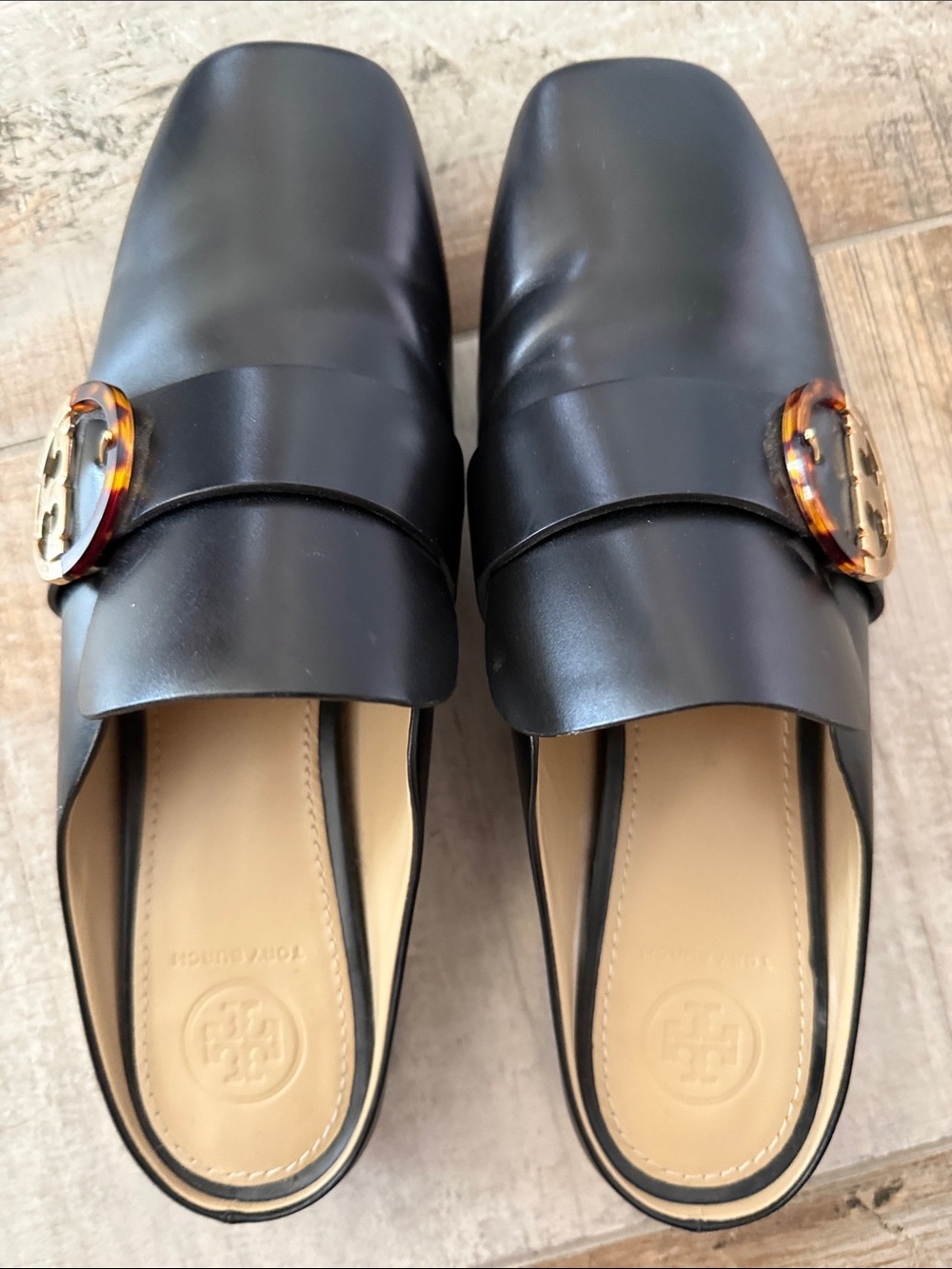 Tory Burch Black Leather Slide Mules with Tortoiseshell-Trim L